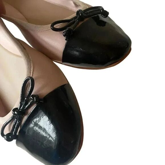 Saks Fifth Avenue Inez Leather Balllet Blush Pink Black Bow Flats Cap Toe Sz 10 - Picture 7 of 16